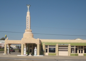 The restored Conoco Tower in Shamrock TX