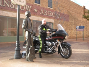 Sitting on my bike on a corner in Winslow, Arizona!
